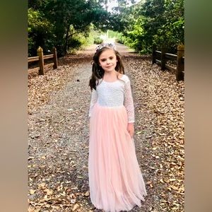 Girls lace and pink chiffon maxi flower girl dress 8